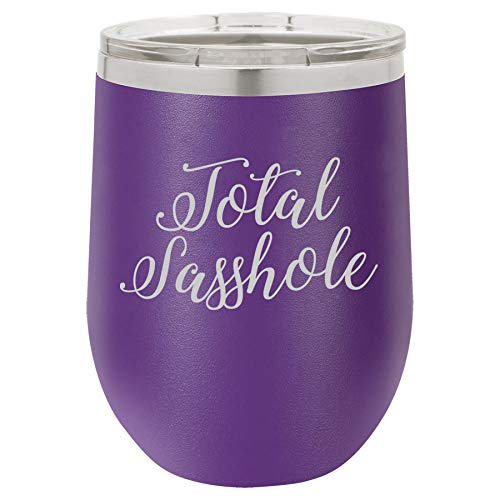 12 oz Double Wall Vacuum Insulated Stainless Steel Stemless Wine Tumbler Glass Coffee Travel Mug With Lid Total Sasshole (Purple)