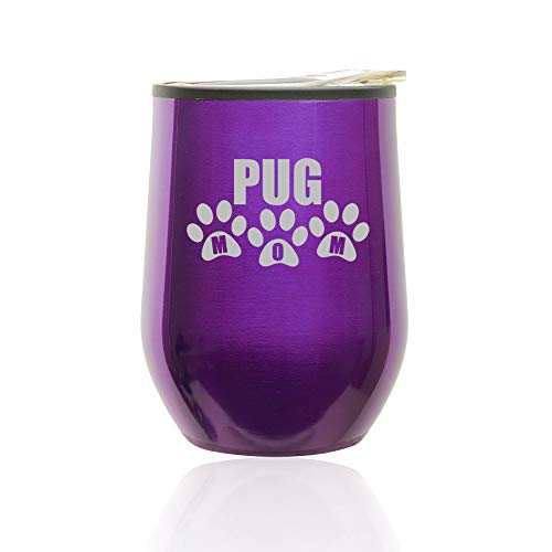 Stemless Wine Tumbler Coffee Travel Mug Glass With Lid Pug Mom (Royal Purple)