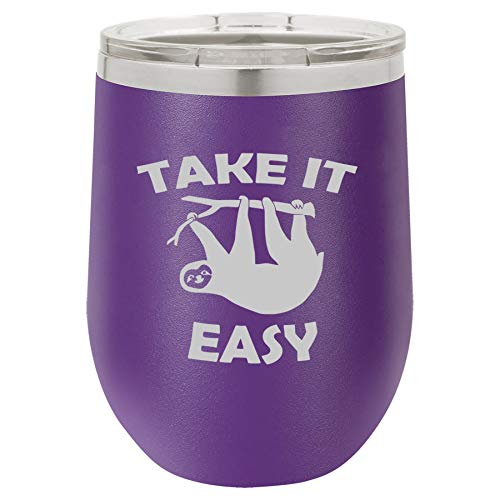 12 oz Double Wall Vacuum Insulated Stainless Steel Stemless Wine Tumbler Glass Coffee Travel Mug With Lid Take It Easy Sloth Funny (Purple)