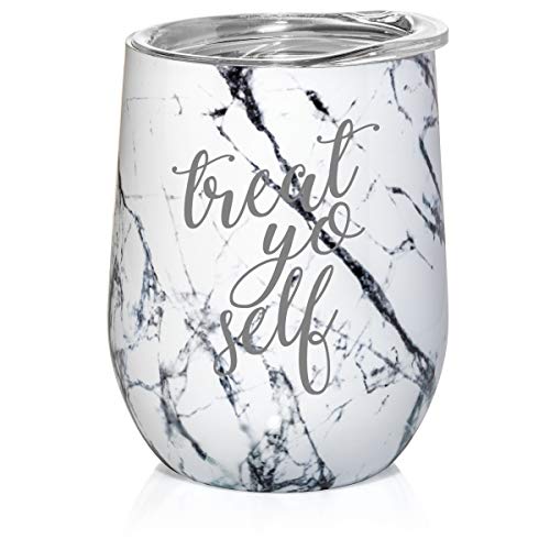 12 oz Double Wall Vacuum Insulated Stainless Steel Marble Stemless Wine Tumbler Glass Coffee Travel Mug With Lid Treat Yo Self (Black White Marble)