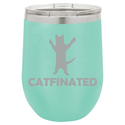 12 oz Double Wall Vacuum Insulated Stainless Steel Stemless Wine Tumbler Glass Coffee Travel Mug With Lid Catfinated Funny Cat Caffeine (Teal)