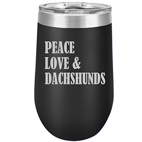 16 oz Double Wall Vacuum Insulated Stainless Steel Stemless Wine Tumbler Glass Coffee Travel Mug With Lid Peace Love & Dachshunds (Black)
