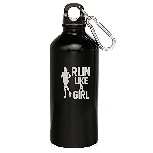 20oz Aluminum Sports Water Bottle Caribiner Clip Run Like A Girl (Black)