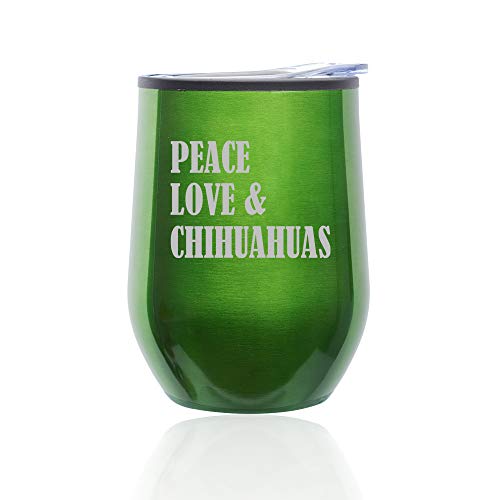 Stemless Wine Tumbler Coffee Travel Mug Glass With Lid Peace Love & Chihuahuas (Green)