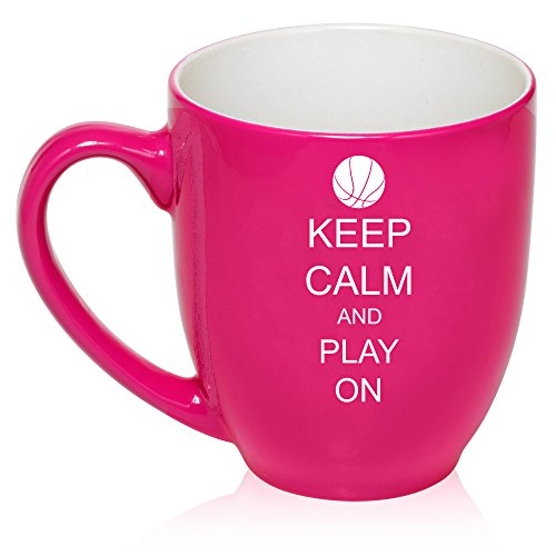 16 oz Large Bistro Mug Ceramic Coffee Tea Glass Cup Keep Calm and Play On Basketball (Hot Pink)