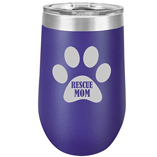 16 oz Double Wall Vacuum Insulated Stainless Steel Stemless Wine Tumbler Glass Coffee Travel Mug With Lid Paw Print Rescue Mom (Purple)