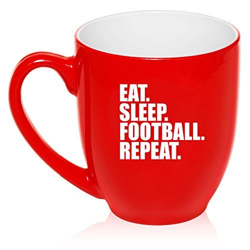16 oz Large Bistro Mug Ceramic Coffee Tea Glass Cup Eat Sleep Football Repeat (Red)