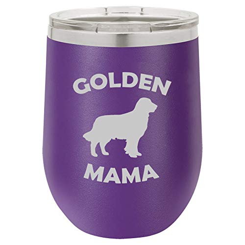 12 oz Double Wall Vacuum Insulated Stainless Steel Stemless Wine Tumbler Glass Coffee Travel Mug With Lid Golden Mama Golden Retriever (Purple)