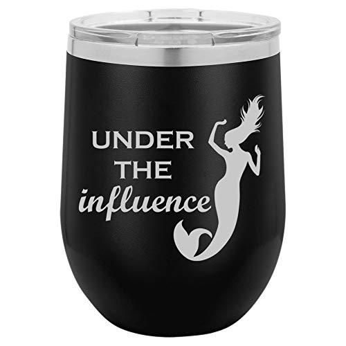 12 oz Double Wall Vacuum Insulated Stainless Steel Stemless Wine Tumbler Glass Coffee Travel Mug With Lid Under The Influence Mermaid Funny (Black)