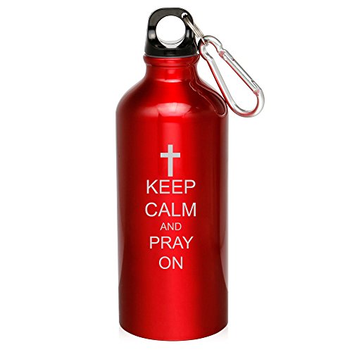 20oz Aluminum Sports Water Bottle Caribiner Clip Keep Calm and Pray On Cross (Red)