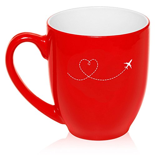 16 oz Large Bistro Mug Ceramic Coffee Tea Glass Cup Heart Travel Airplane (Red)