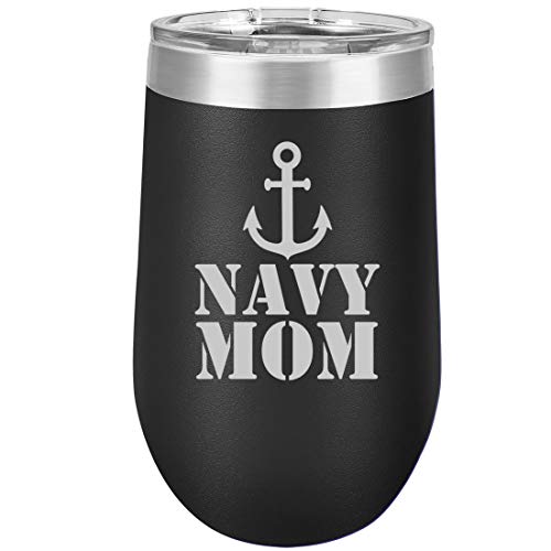 16 oz Double Wall Vacuum Insulated Stainless Steel Stemless Wine Tumbler Glass Coffee Travel Mug With Lid Navy Mom (Black)