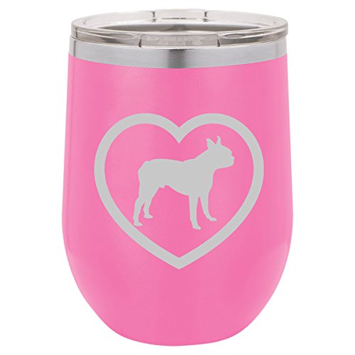 12 oz Double Wall Vacuum Insulated Stainless Steel Stemless Wine Tumbler Glass Coffee Travel Mug With Lid Boston Terrier Heart (Hot-Pink)