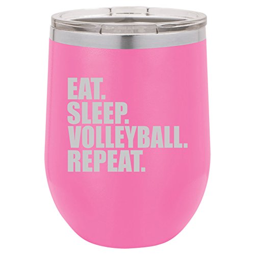 12 oz Double Wall Vacuum Insulated Stainless Steel Stemless Wine Tumbler Glass Coffee Travel Mug With Lid Eat Sleep Volleyball Repeat (Hot-Pink)