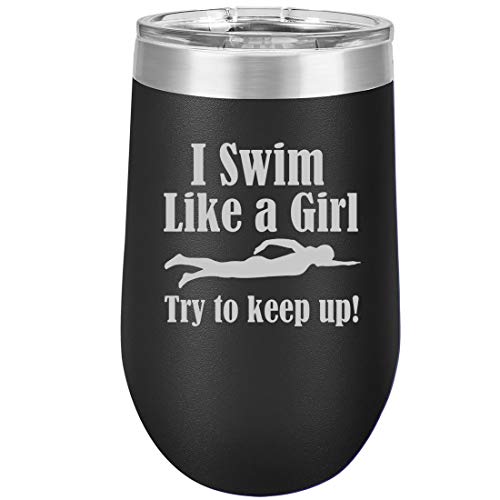 16 oz Double Wall Vacuum Insulated Stainless Steel Stemless Wine Tumbler Glass Coffee Travel Mug With Lid Swim Like A Girl