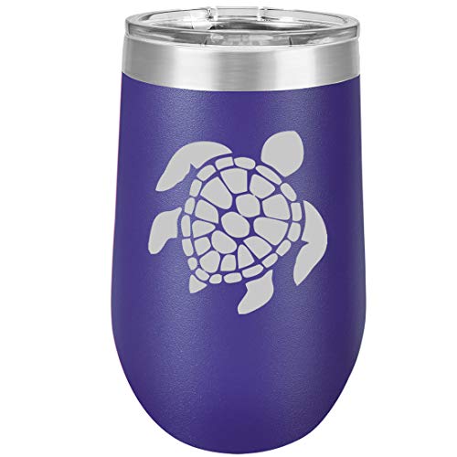 16 oz Double Wall Vacuum Insulated Stainless Steel Stemless Wine Tumbler Glass Coffee Travel Mug With Lid Sea Turtle (Purple)