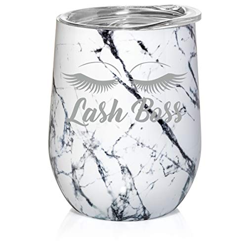 12 oz Double Wall Vacuum Insulated Stainless Steel Marble Stemless Wine Tumbler Glass Coffee Travel Mug With Lid Lash Boss Makeup Lash Extension Artist (Black White Marble)