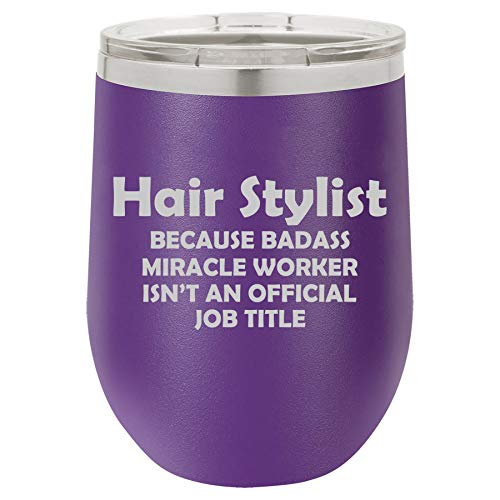 12 oz Double Wall Vacuum Insulated Stainless Steel Stemless Wine Tumbler Glass Coffee Travel Mug With Lid Hair Stylist Miracle Worker Job Title Funny (Purple)