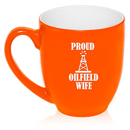 16 oz Large Bistro Mug Ceramic Coffee Tea Glass Cup Proud Oilfield Wife (Orange)