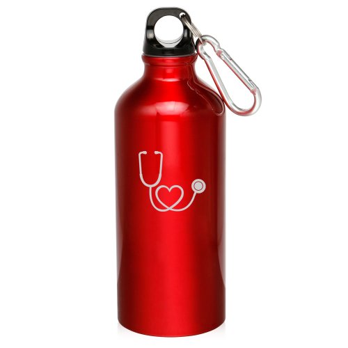 Red 20oz Aluminum Sports Water Bottle Caribiner Clip ZW104 Nurse Doctor Heart Stethoscope