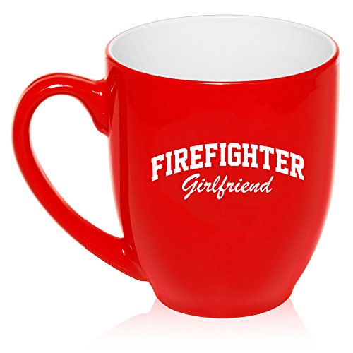 16 oz Large Bistro Mug Ceramic Coffee Tea Glass Cup Firefighter Girlfriend (Red)