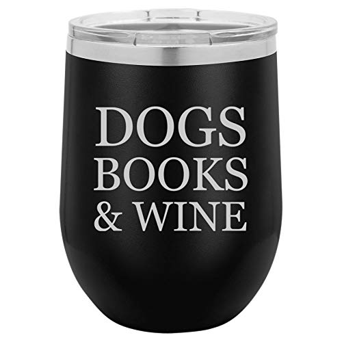 12 oz Double Wall Vacuum Insulated Stainless Steel Stemless Wine Tumbler Glass Coffee Travel Mug With Lid Dogs Books & Wine (Black)