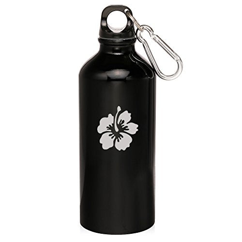 20oz Aluminum Sports Water Bottle Caribiner Clip Hibiscus Flower (Black)