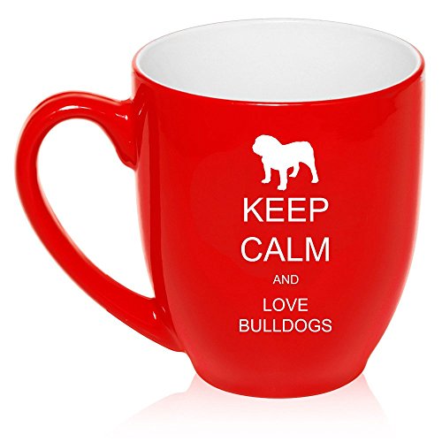 16 oz Large Bistro Mug Ceramic Coffee Tea Glass Cup Keep Calm and Love Bulldogs (Red)