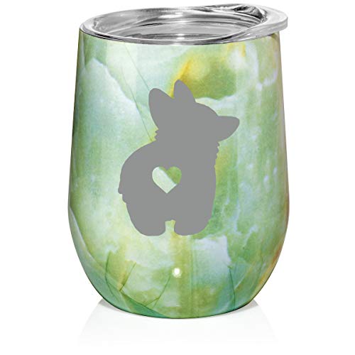 12 oz Double Wall Vacuum Insulated Stainless Steel Marble Stemless Wine Tumbler Glass Coffee Travel Mug With Lid Corgi Butt (Turquoise Green Marble)