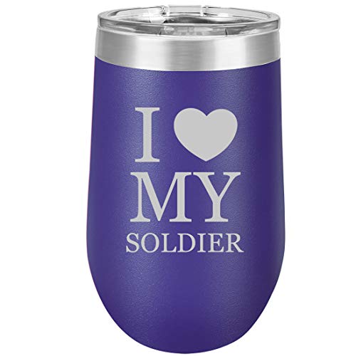 16 oz Double Wall Vacuum Insulated Stainless Steel Stemless Wine Tumbler Glass Coffee Travel Mug With Lid I Love My Soldier (Purple)