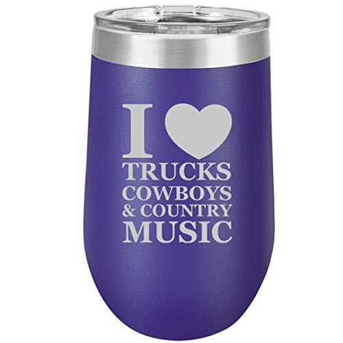 16 oz Double Wall Vacuum Insulated Stainless Steel Stemless Wine Tumbler Glass Coffee Travel Mug With Lid Love Trucks Cowboys Country Music (Purple)