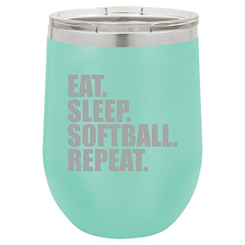 12 oz Double Wall Vacuum Insulated Stainless Steel Stemless Wine Tumbler Glass Coffee Travel Mug With Lid Eat Sleep Softball Repeat (Teal)