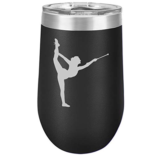 16 oz Double Wall Vacuum Insulated Stainless Steel Stemless Wine Tumbler Glass Coffee Travel Mug With Lid Female Gymnast Twirling Baton Gymnastics (Black)