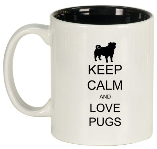 White Ceramic Coffee Tea Mug Keep Calm and Love Pugs