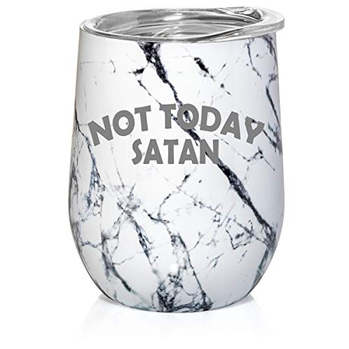 12 oz Double Wall Vacuum Insulated Stainless Steel Marble Stemless Wine Tumbler Glass Coffee Travel Mug With Lid Not Today Satan (Black White Marble)