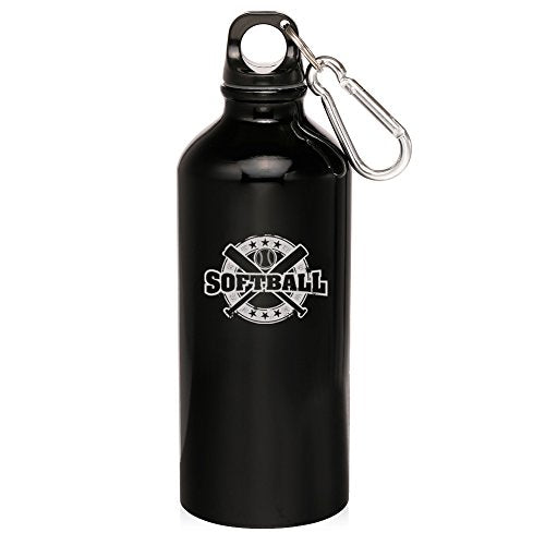 20oz Aluminum Sports Water Bottle Caribiner Clip Softball Vintage (Black)