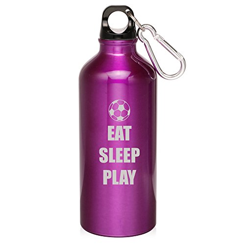 20oz Aluminum Sports Water Bottle Caribiner Clip Eat Sleep Play Soccer (Purple)