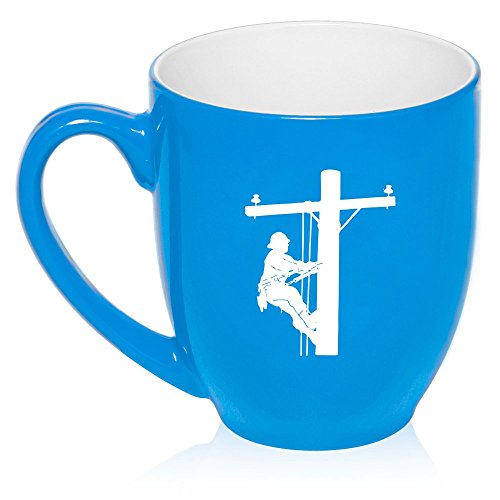 16 oz Large Bistro Mug Ceramic Coffee Tea Glass Cup Lineman Electric Pole Climber (Light Blue)