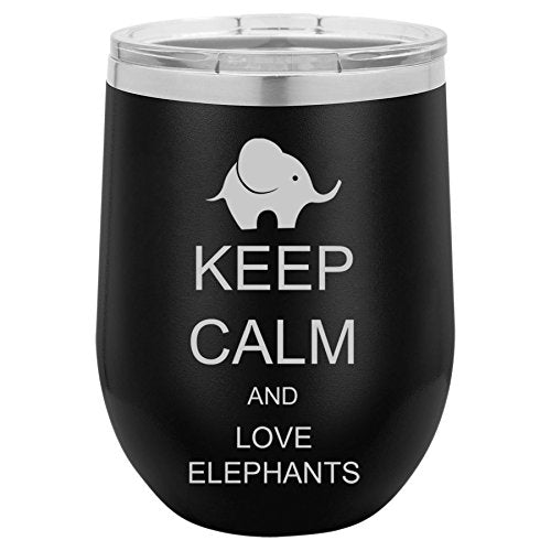 12 oz Double Wall Vacuum Insulated Stainless Steel Stemless Wine Tumbler Glass Coffee Travel Mug With Lid Keep Calm And Love Elephants (Black)