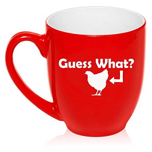 16 oz Large Bistro Mug Ceramic Coffee Tea Glass Cup Guess What Chicken Funny (Red)