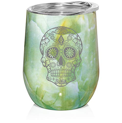 12 oz Double Wall Vacuum Insulated Stainless Steel Marble Stemless Wine Tumbler Glass Coffee Travel Mug With Lid Sugar Candy Skull (Turquoise Green Marble)