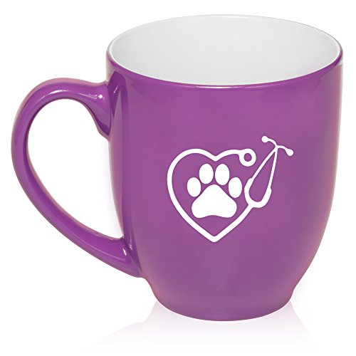16 oz Large Bistro Mug Ceramic Coffee Tea Glass Cup Heart Stethoscope Vet Tech Veterinarian (Purple)