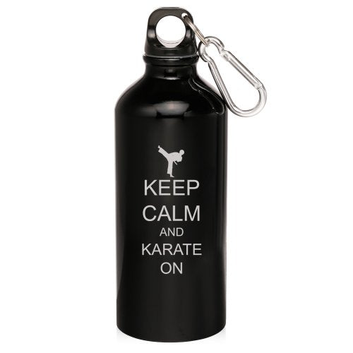 Black 20oz Aluminum Sports Water Bottle Caribiner Clip ZW169 Keep Calm and Karate On