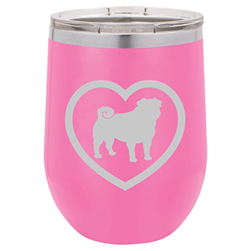 12 oz Double Wall Vacuum Insulated Stainless Steel Stemless Wine Tumbler Glass Coffee Travel Mug With Lid Pug Heart (Hot-Pink)