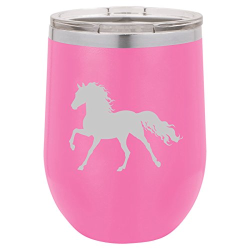 12 oz Double Wall Vacuum Insulated Stainless Steel Stemless Wine Tumbler Glass Coffee Travel Mug With Lid Horse (Hot-Pink)