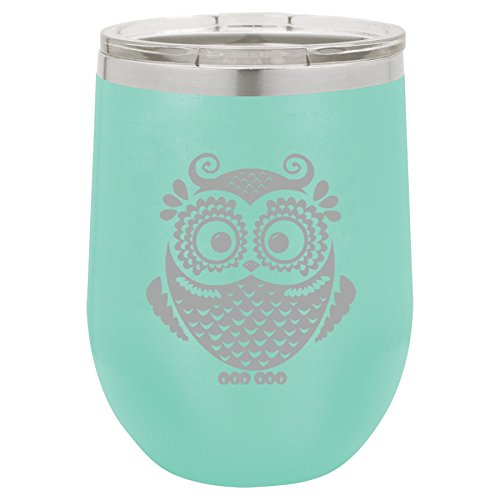 12 oz Double Wall Vacuum Insulated Stainless Steel Stemless Wine Tumbler Glass Coffee Travel Mug With Lid Owl Vintage (Teal)