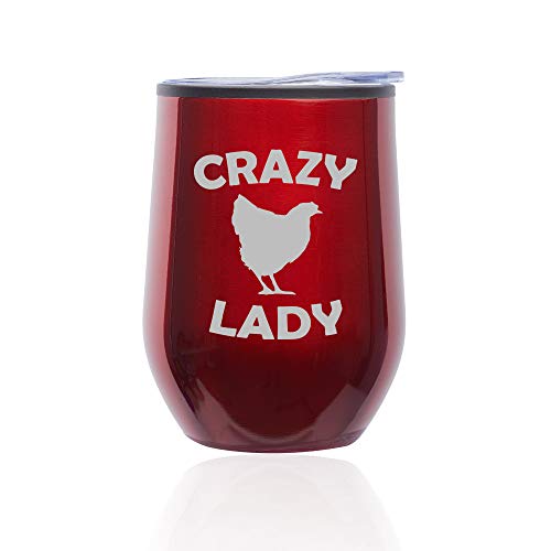 Stemless Wine Tumbler Coffee Travel Mug Glass With Lid Crazy Chicken Lady (Red)