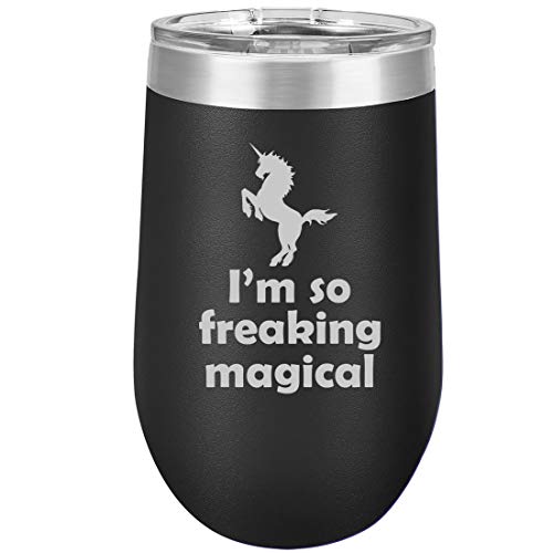16 oz Double Wall Vacuum Insulated Stainless Steel Stemless Wine Tumbler Glass Coffee Travel Mug With Lid I'm So Freaking Magical Unicorn (Black)