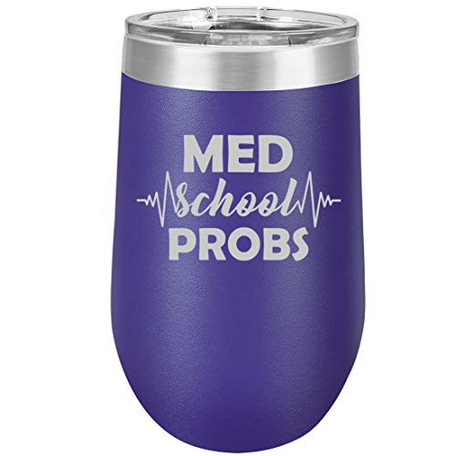16 oz Double Wall Vacuum Insulated Stainless Steel Stemless Wine Tumbler Glass Coffee Travel Mug With Lid Med School Problems Medical (Purple)
