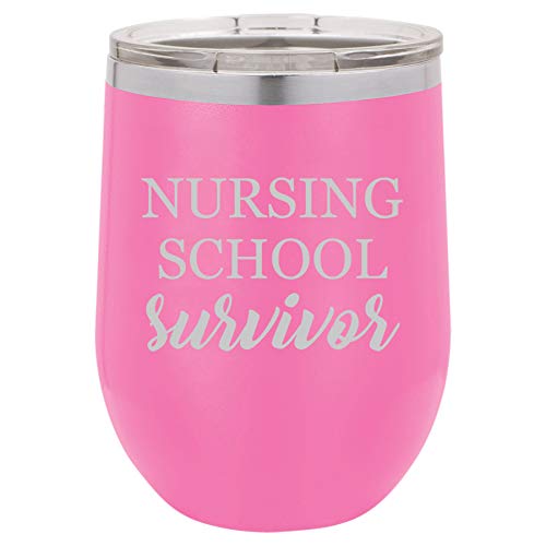 12 oz Double Wall Vacuum Insulated Stainless Steel Stemless Wine Tumbler Glass Coffee Travel Mug With Lid Nursing School Survivor Nurse Student Funny (Hot Pink)